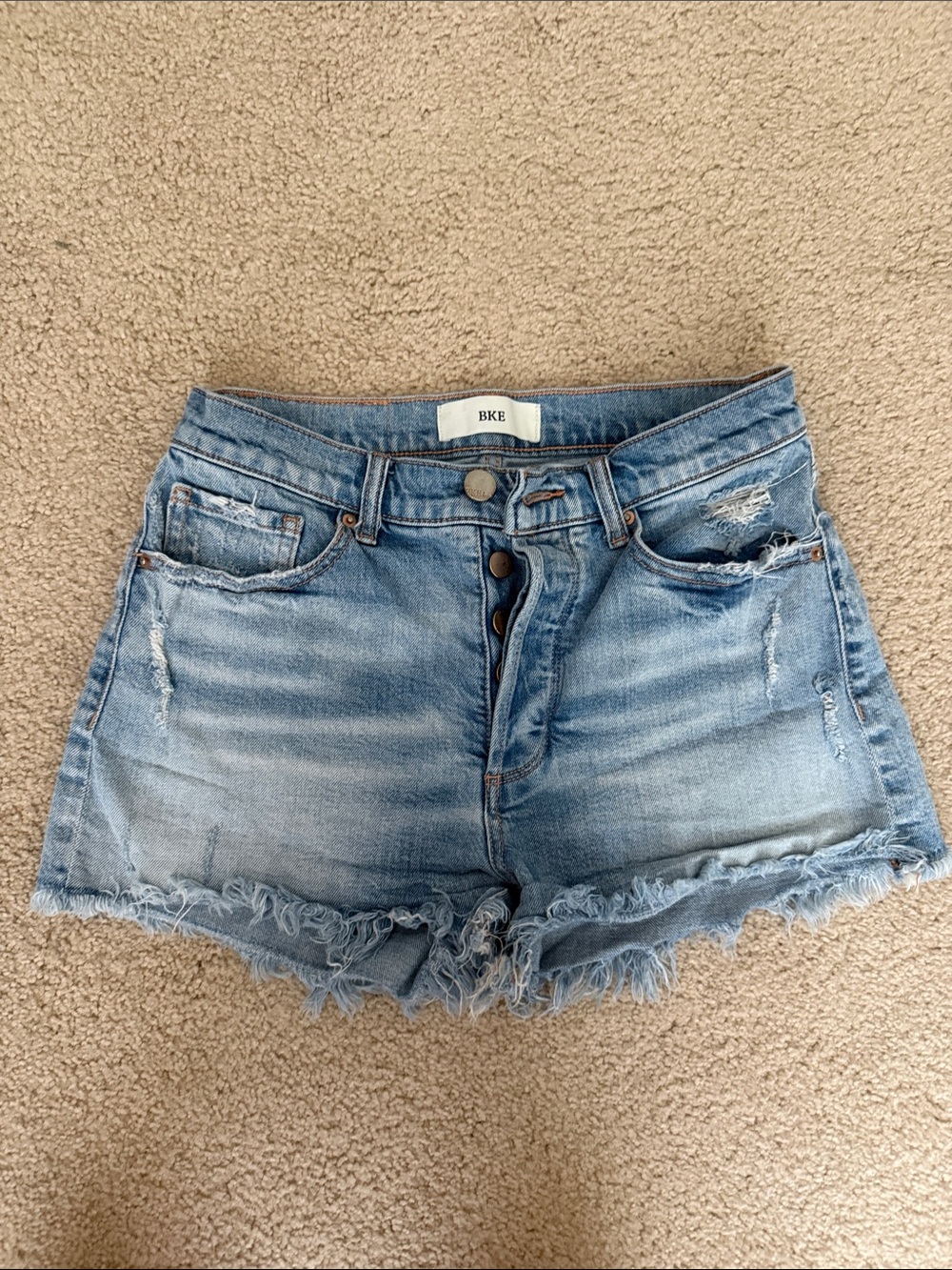 BKE Faded Light Blue High-Rise Distressed Denim Shorts